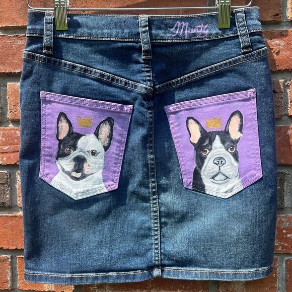 We The Free Dresses & Skirts - Hand-Painted Free People Denim Mini Skirt with French Bulldog design Size 25